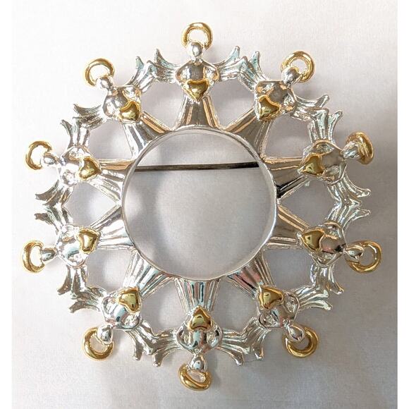 Avon Angels of Harmony Brooch SILVER/GOLD TONE CIRCLE PIN vtg holiday wreath - Picture 1 of 6